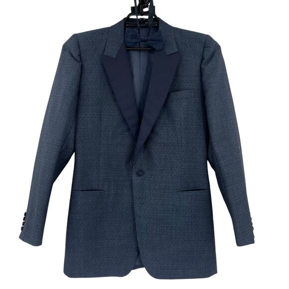 Vtg MALCOLM PLEWS Saville Row Mens Blazer Sz 36R  Blue Bow Tie Texture Satin 80s - Picture 1 of 16